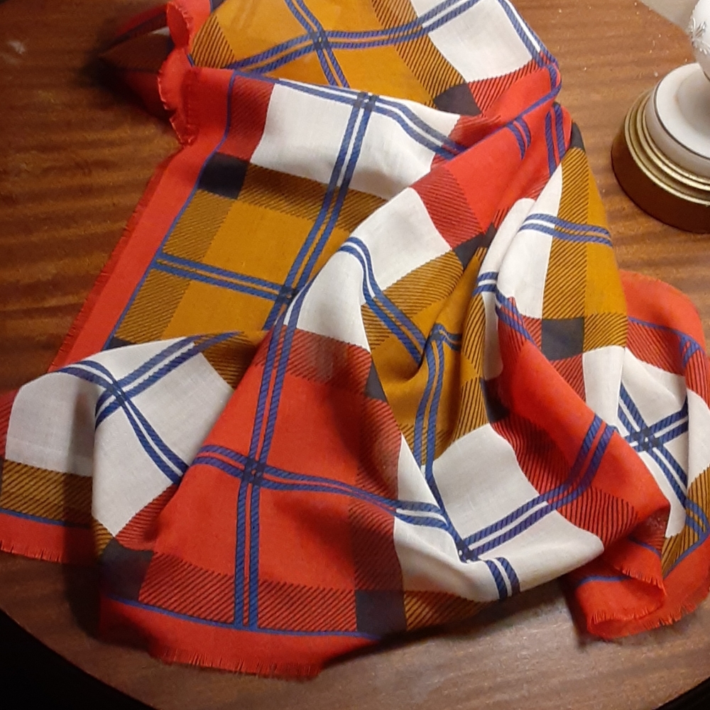 Vntg 80s Strawbridge&Clothier Red/Navy/Brown Scarf
